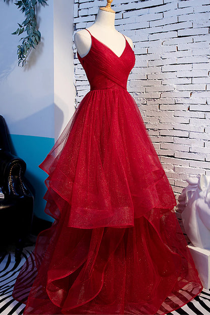 Red V-Neck Tulle Long Prom Dress, A-Line Evening Dress TP593