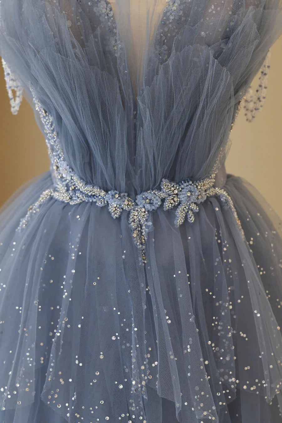 Blue Tulle Layers Straps Beaded Long Prom Dress, Blue A-Line Evening Dress TP594
