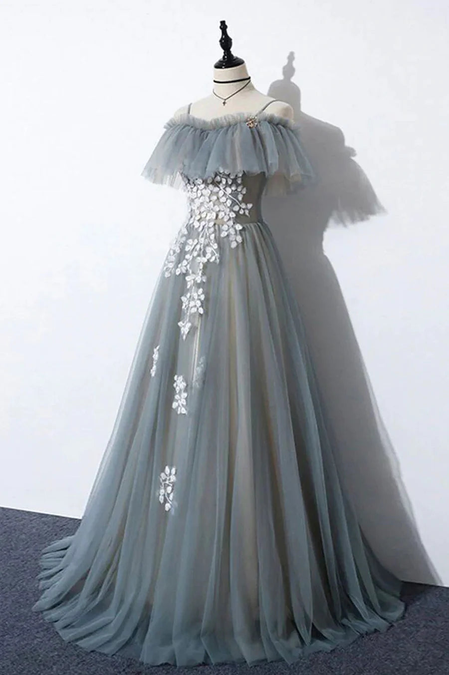 Gray Tulle Lace Long Prom Dress, A-Line Evening Dress TP597