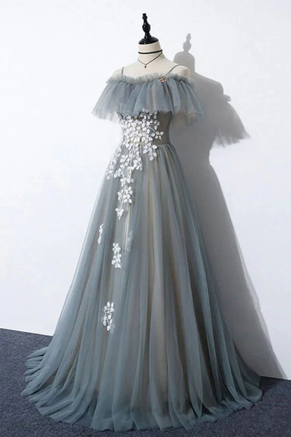 Gray Tulle Lace Long Prom Dress, A-Line Evening Dress TP597