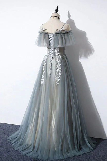 Gray Tulle Lace Long Prom Dress, A-Line Evening Dress TP597