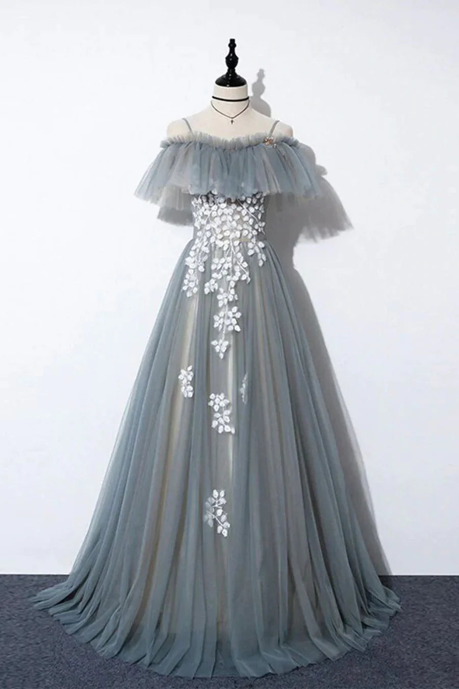 Gray Tulle Lace Long Prom Dress, A-Line Evening Dress TP597