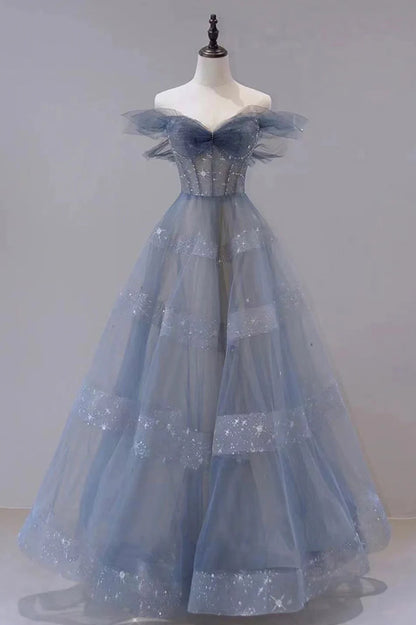 A-Line Off Shoulder Layers Tulle Long Evening Dress, Blue Formal Dress TP598