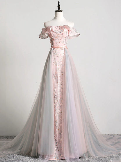 Lovely Tulle Applique Long Prom Dress, A-Line Evening Dress with Detachable Skirt TP599