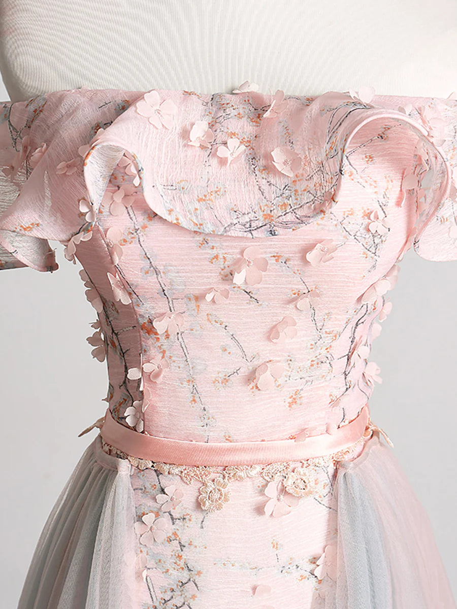 Lovely Tulle Applique Long Prom Dress, A-Line Evening Dress with Detachable Skirt TP599