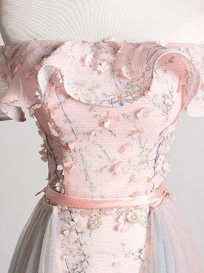 Lovely Tulle Applique Long Prom Dress, A-Line Evening Dress with Detachable Skirt TP599