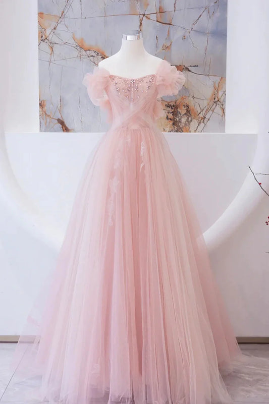 Pink Tulle Beaded Long Prom Dress, A-Line Evening Party Dress TP600