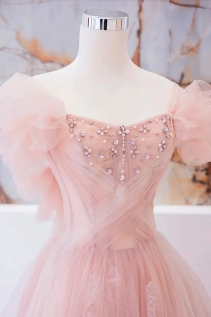 Pink Tulle Beaded Long Prom Dress, A-Line Evening Party Dress TP600