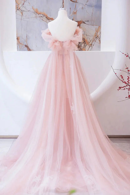 Pink Tulle Beaded Long Prom Dress, A-Line Evening Party Dress TP600