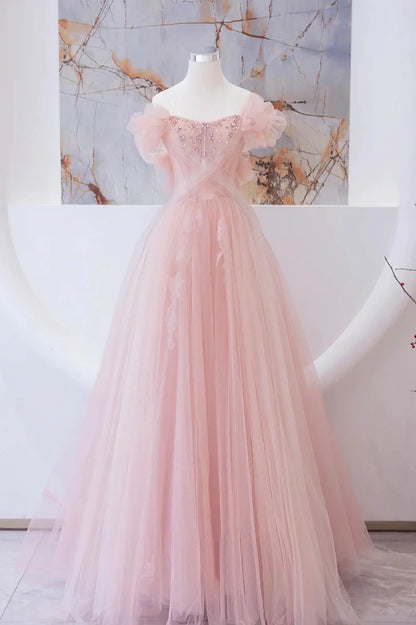 Pink Tulle Beaded Long Prom Dress, A-Line Evening Party Dress TP600