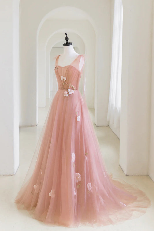 Pink Tulle Applique Long Evening Dress, A-Line Junior Prom Dress TP601