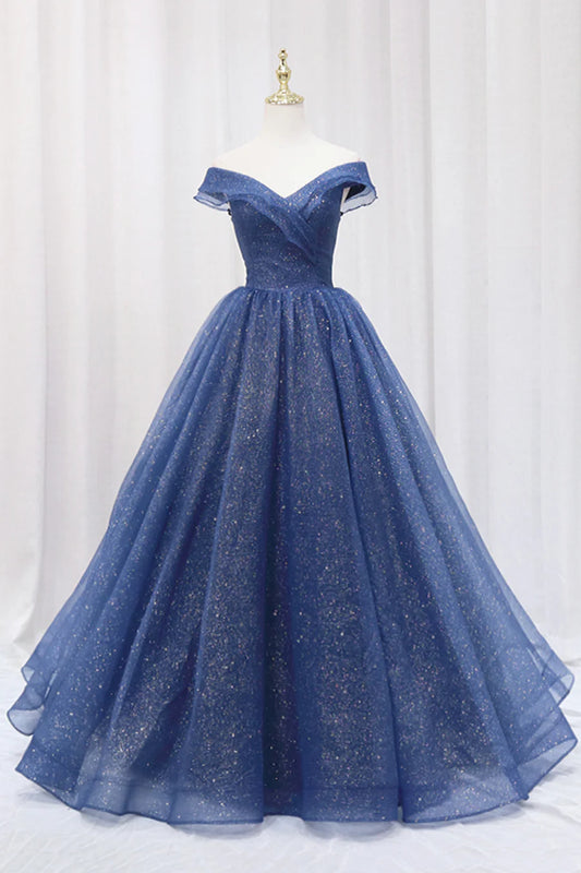 Blue Off the Shoulder Long Party Dress Evening Gown, Blue Junior Prom Dress TP602