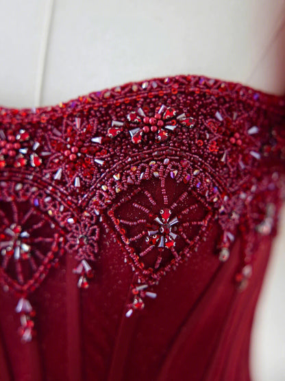 Burgundy Tulle Beaded Long Prom Dress, A-Line Formal Evening Dress TP603