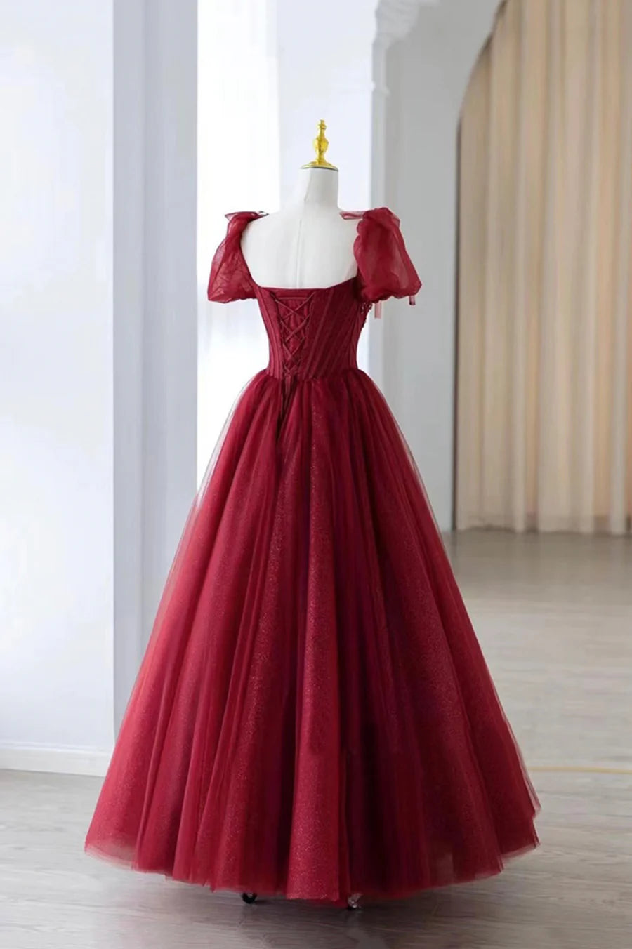 Burgundy Tulle Beaded Long Prom Dress, A-Line Formal Evening Dress TP603