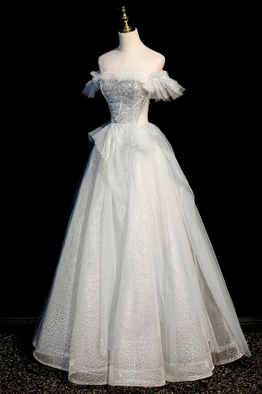 Off the Shoulder Tulle Long Prom Dress, A-Line Evening Dress TP604