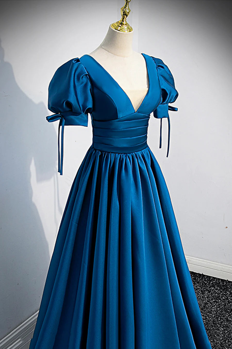 Blue V-Neck Satin Long Prom Dress, Simple A-Line Evening Dress TP605