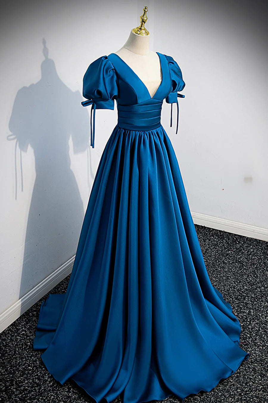 Blue V-Neck Satin Long Prom Dress, Simple A-Line Evening Dress TP605