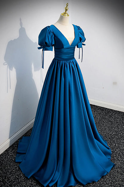 Blue V-Neck Satin Long Prom Dress, Simple A-Line Evening Dress TP605