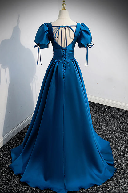 Blue V-Neck Satin Long Prom Dress, Simple A-Line Evening Dress TP605