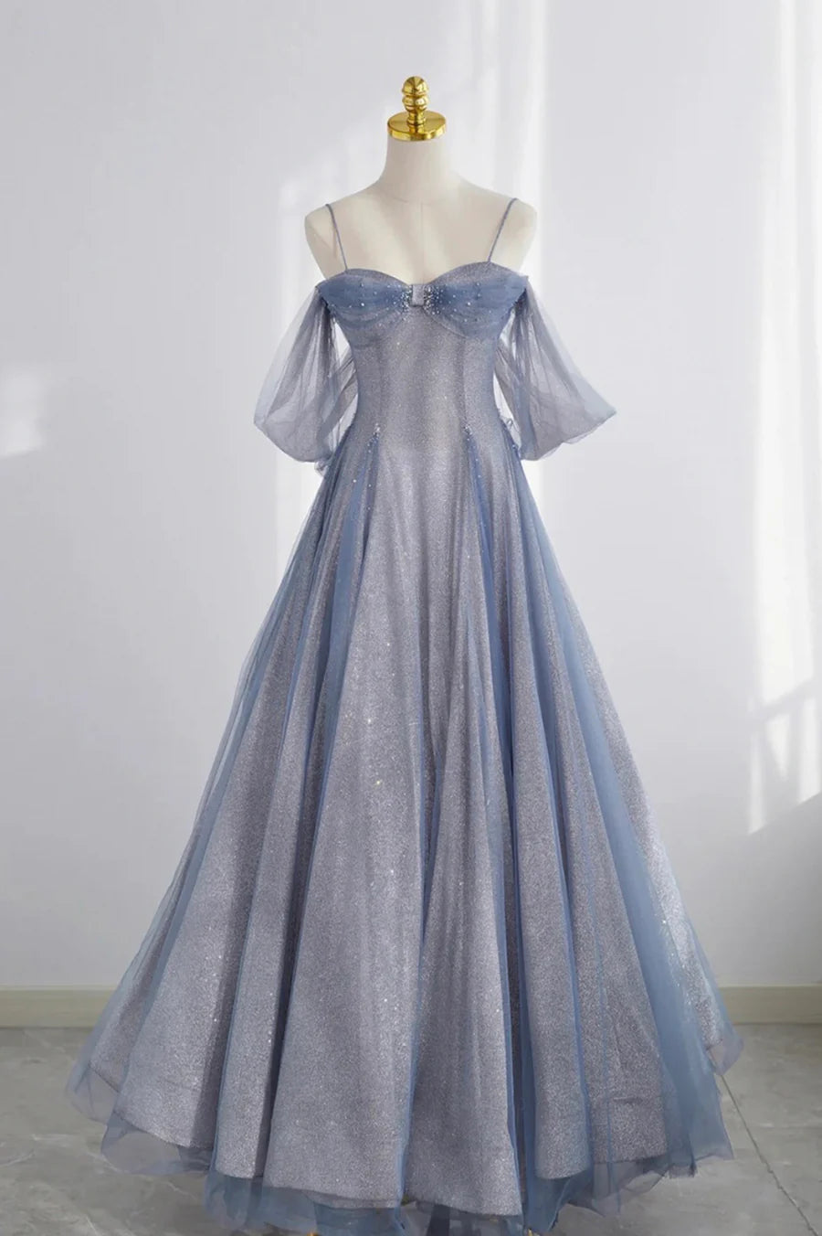 Blue Spaghetti Strap Tulle Long Prom Dress, A-Line Formal Dress TP609