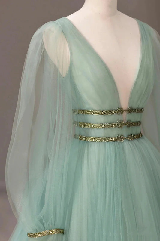 Green V-Neck Tulle Long Prom Dress, Long Sleeve Evening Dress TP610
