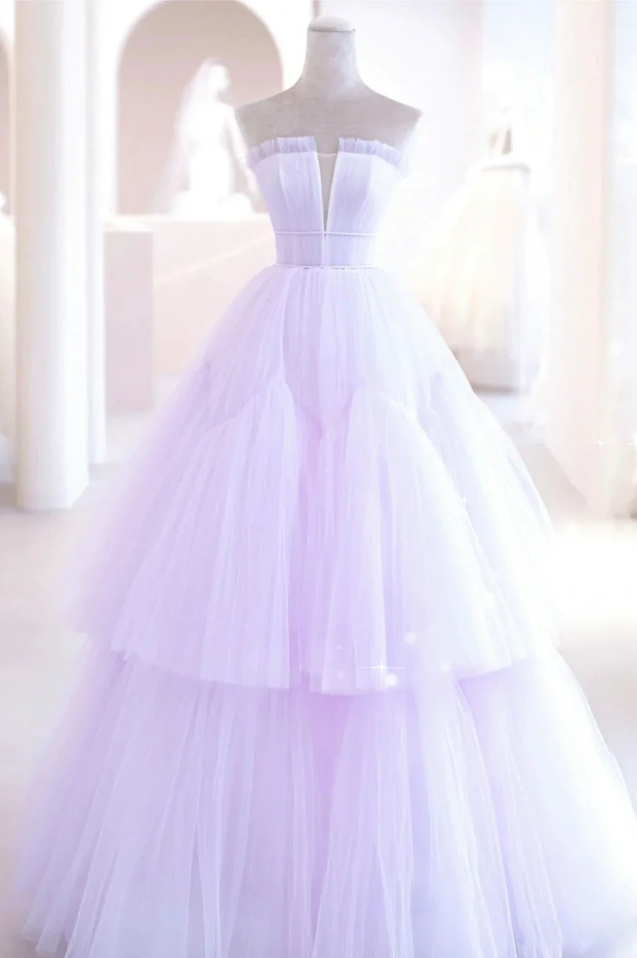Purple Strapless Tulle Long Formal Gown, Purple A-Line Evening Dress TP611