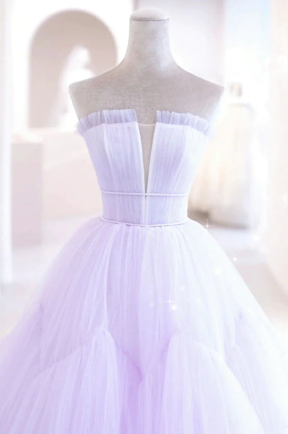 Purple Strapless Tulle Long Formal Gown, Purple A-Line Evening Dress TP611