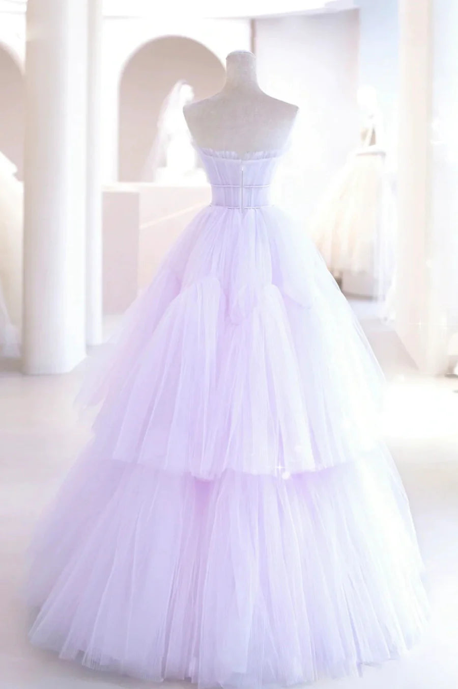 Purple Strapless Tulle Long Formal Gown, Purple A-Line Evening Dress TP611