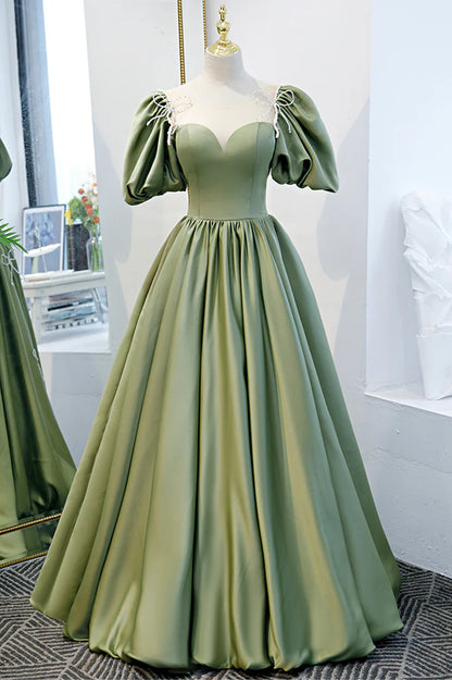 Green Satin A-Line Long Formal Dress, Green Junior Prom Dress TP613