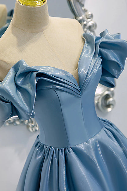 Blue V-Neck Satin Long Prom Dress, Off the Shoulder Evening Dress TP614