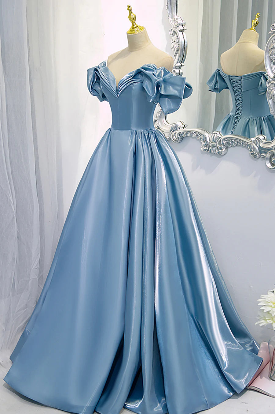 Blue V-Neck Satin Long Prom Dress, Off the Shoulder Evening Dress TP614