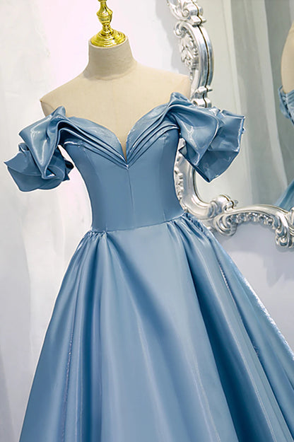 Blue V-Neck Satin Long Prom Dress, Off the Shoulder Evening Dress TP614