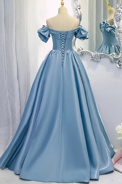 Blue V-Neck Satin Long Prom Dress, Off the Shoulder Evening Dress TP614