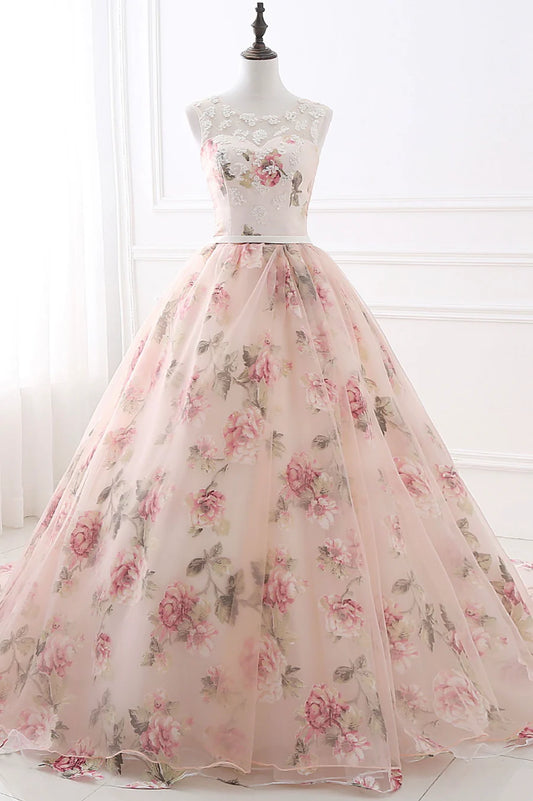 Pink Floral Pattern Lace Long Prom Dress, A-Line Formal Dress TP615