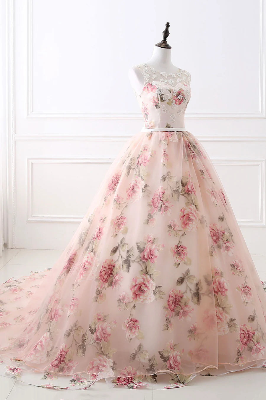 Pink Floral Pattern Lace Long Prom Dress, A-Line Formal Dress TP615