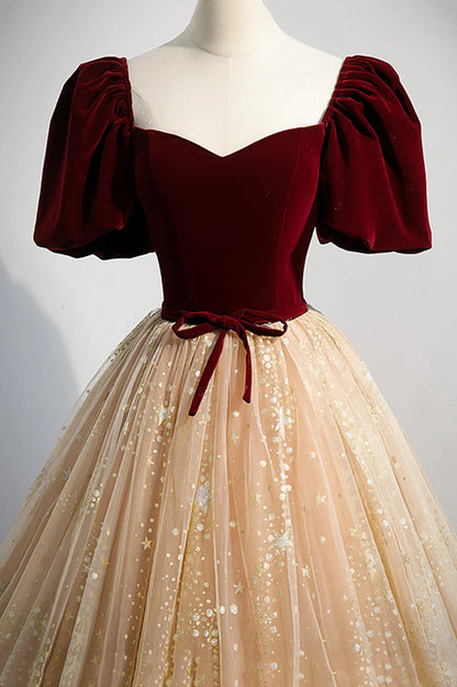 Cute Velvet Tulle Long Prom Dress, A-Line Evening Dress TP617