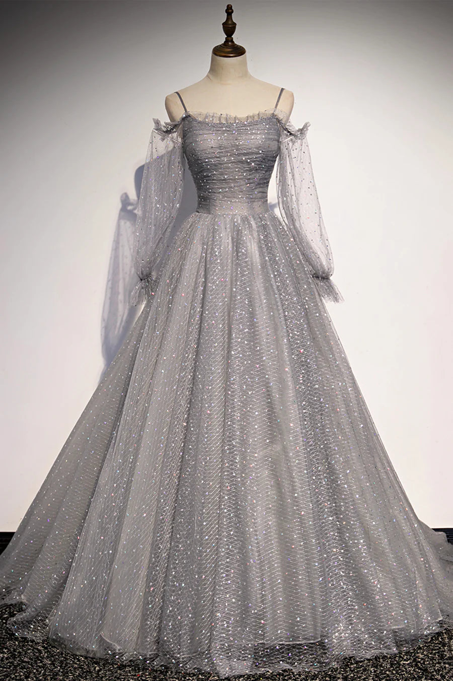 Gray Tulle Sequins Long Prom Dress, Long Sleeve Evening Dress TP619