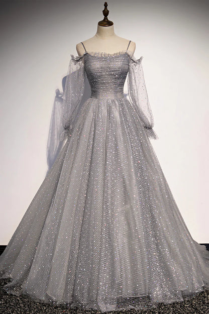 Gray Tulle Sequins Long Prom Dress, Long Sleeve Evening Dress TP619