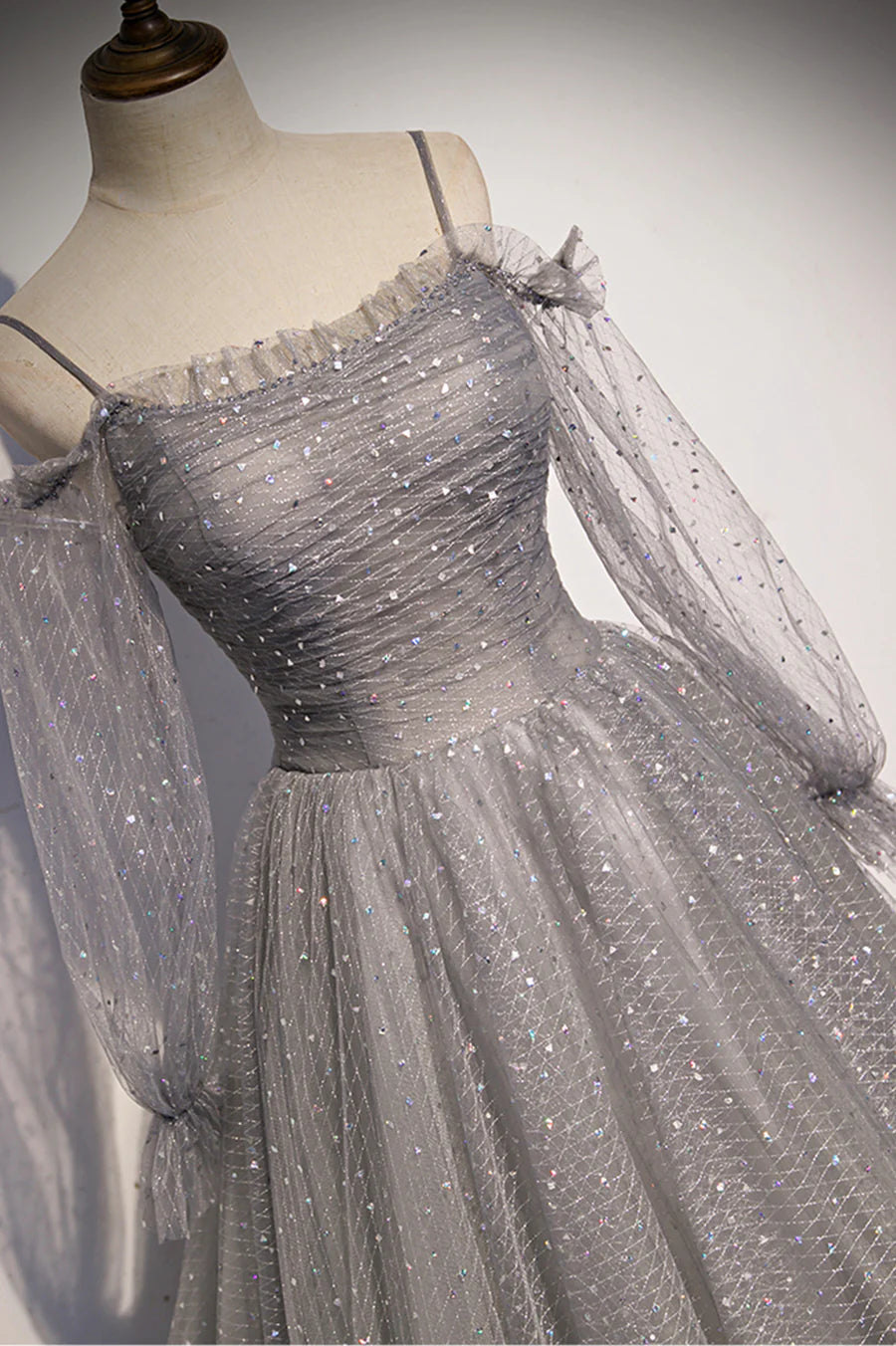 Gray Tulle Sequins Long Prom Dress, Long Sleeve Evening Dress TP619