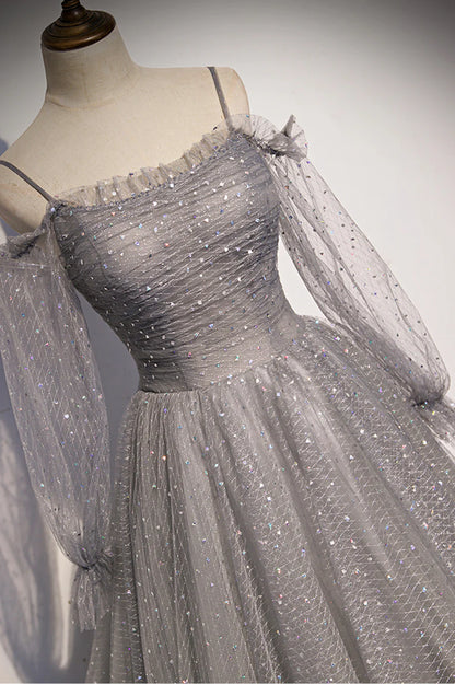 Gray Tulle Sequins Long Prom Dress, Long Sleeve Evening Dress TP619