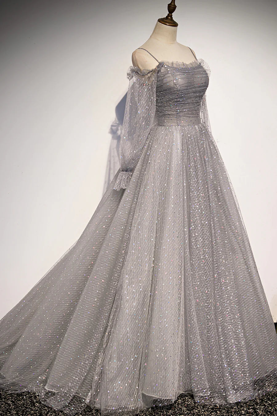Gray Tulle Sequins Long Prom Dress, Long Sleeve Evening Dress TP619