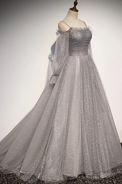 Gray Tulle Sequins Long Prom Dress, Long Sleeve Evening Dress TP619
