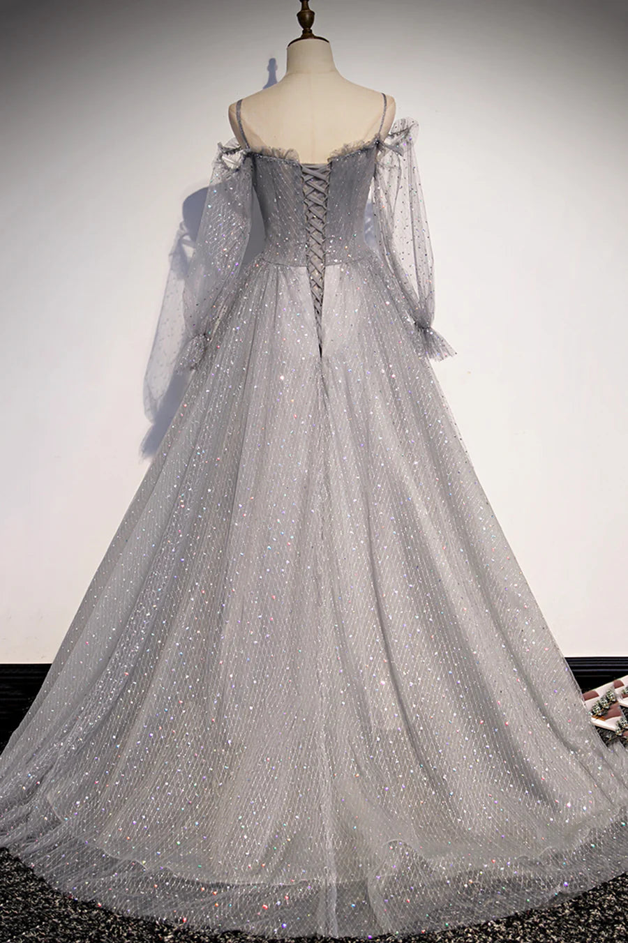Gray Tulle Sequins Long Prom Dress, Long Sleeve Evening Dress TP619