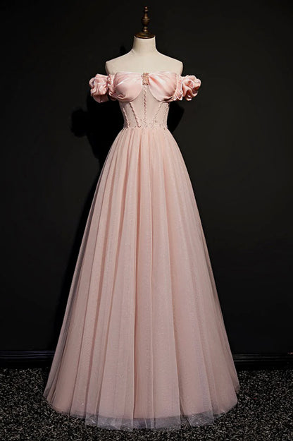 Pink Tulle Off the Shoulder Prom Dress, Beautiful A-Line Evening Dress TP621