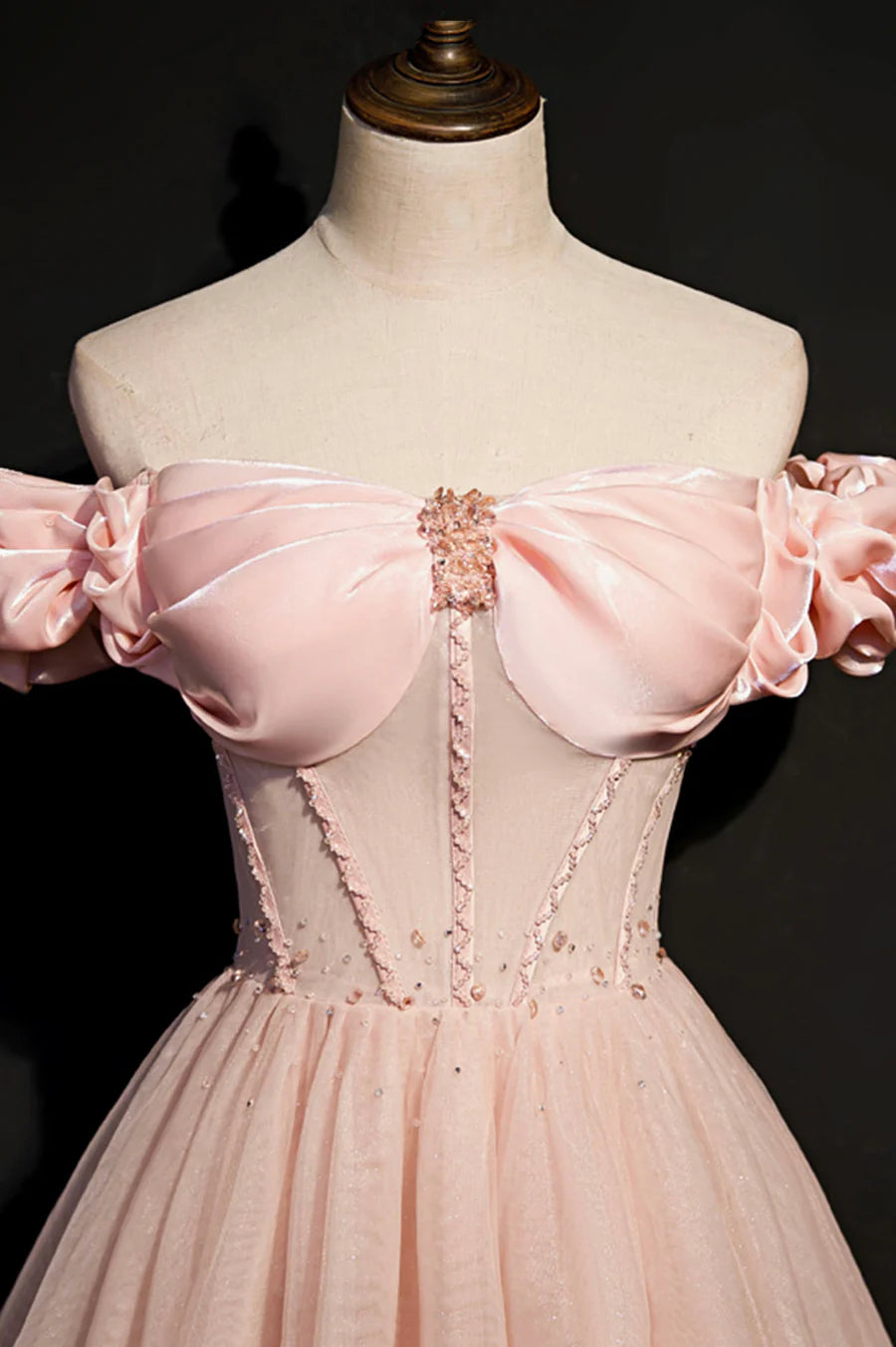 Pink Tulle Off the Shoulder Prom Dress, Beautiful A-Line Evening Dress TP621