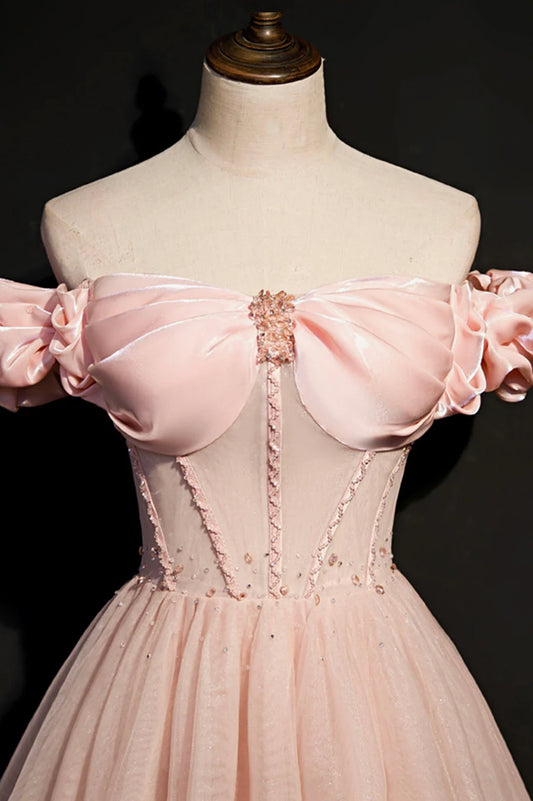 Pink Tulle Off the Shoulder Prom Dress, Beautiful A-Line Evening Dress TP621