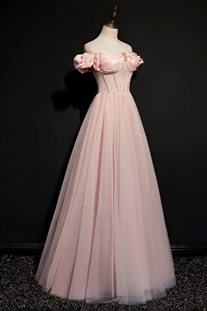 Pink Tulle Off the Shoulder Prom Dress, Beautiful A-Line Evening Dress TP621