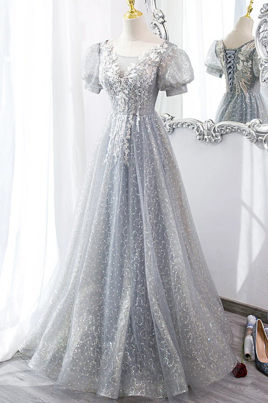 Gray Tulle Lace Long Party Dress, A-Line Evening Dress TP622
