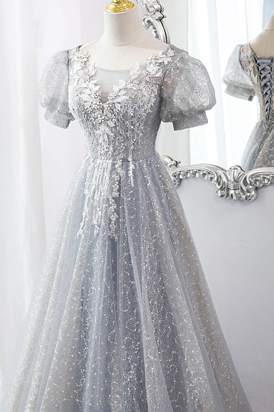 Gray Tulle Lace Long Party Dress, A-Line Evening Dress TP622