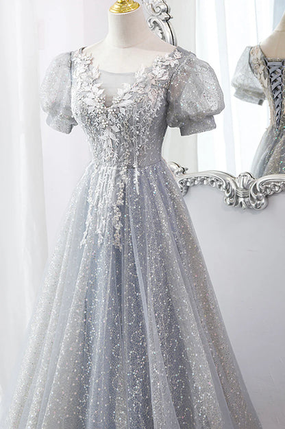 Gray Tulle Lace Long Party Dress, A-Line Evening Dress TP622